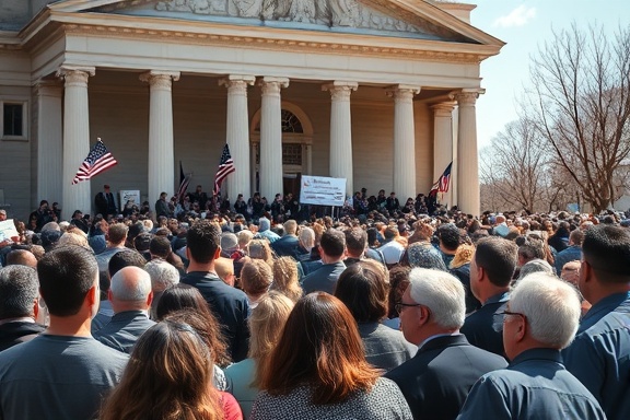 foreclosure auction scene, tense, people gathered in front of a building, photorealistic, detailed architecture, highly detailed, murmuring crowd, 85mm prime lens, diverse colors of clothing, midday sunlight, shot with a professional camera