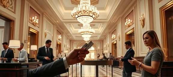 neat cash exchange, anticipation, receiving change, photorealistic, in a luxurious hotel lobby with chandeliers and marble floors, highly detailed, guests checking in, elegant golds and whites, soft ambient lighting, shot with a 35mm camera lens.