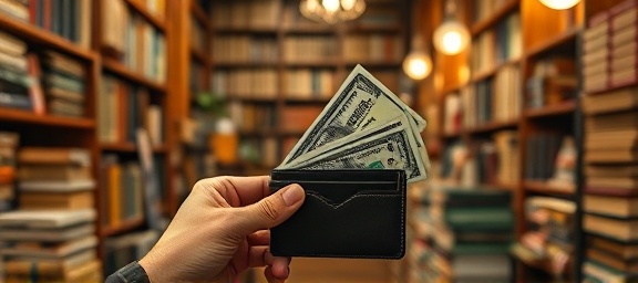 fresh cash offer, appreciation, opening a wallet, photorealistic, at a vintage bookshop with wooden shelves and stacks of books, highly detailed, dust motes visible, subdued earth tones, warm incandescent lighting, shot with a 50mm camera lens.