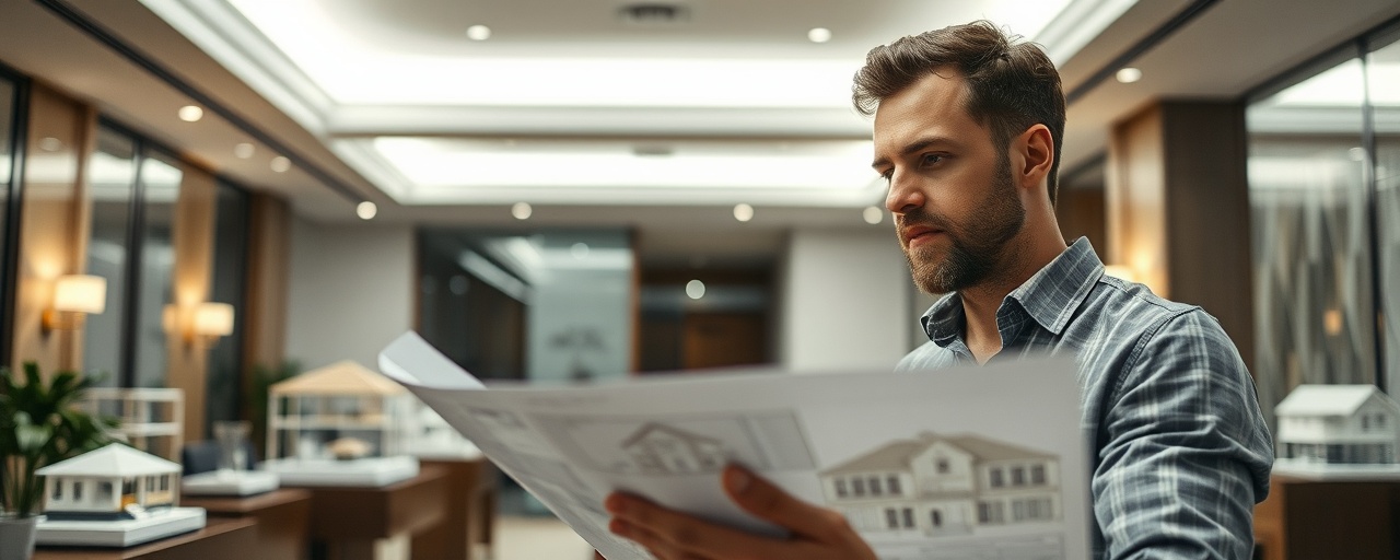 thoughtful property buyer, focused expression, studying blueprints carefully, photorealistic, inside an elegant office with architectural models on display, highly detailed, light breeze moving papers slightly, soft muted colors, overhead fluorescent lighting, shot with a 50mm lens.