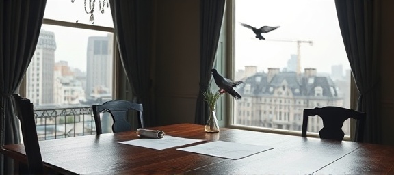 early 20th-century property transfer home, serene, signing papers on a wooden table, photorealistic, cityscape visible through tall windows, highly detailed, pigeons fluttering outside, crisp image quality, muted colors, overcast diffused lighting, shot with a 24-70mm f/2.8 lens.