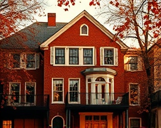 charming Richmond house, inviting, warmly lit, photorealistic, bathed in autumn leaves with falling foliage, highly detailed, birds in flight, pristine clarity, earthy, sunset ambiance, shot with a 35mm lens