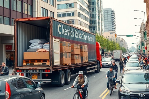 contemporary relocation move, dynamic, loaded onto a truck, photorealistic, busy street with people bustling, highly detailed, traffic flow, 4k resolution, vibrant palette, midday lighting, shot with a 24mm lens.