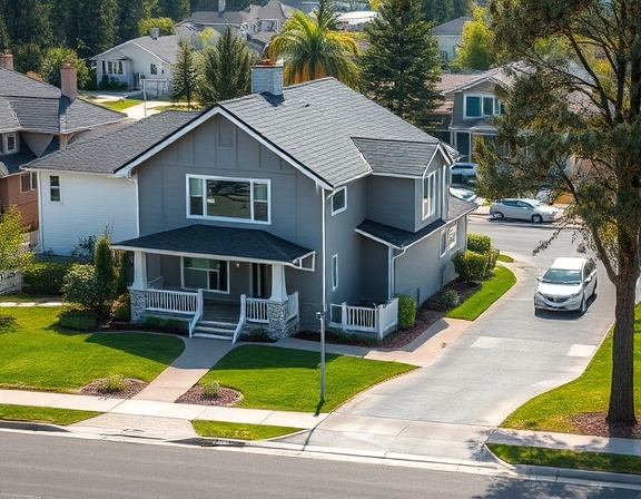 modern estate sales house, focused, hosting an open house, photorealistic, suburban neighborhood with manicured lawns and paved driveways, highly detailed, cars parked along the street, shallow depth of field, neutral tones, midday natural lighting, shot with a 35mm f/2.0 lens.