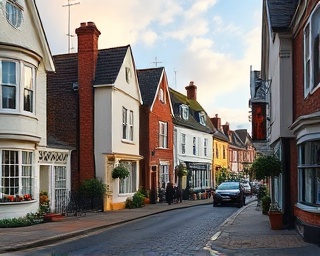 picturesque Richmond homes, quaint, dotted along a cobblestone road, photorealistic, amidst a picturesque village scene, highly detailed, vibrant street life, impeccably realistic, primary colors, afternoon glow, shot with a 30mm lens