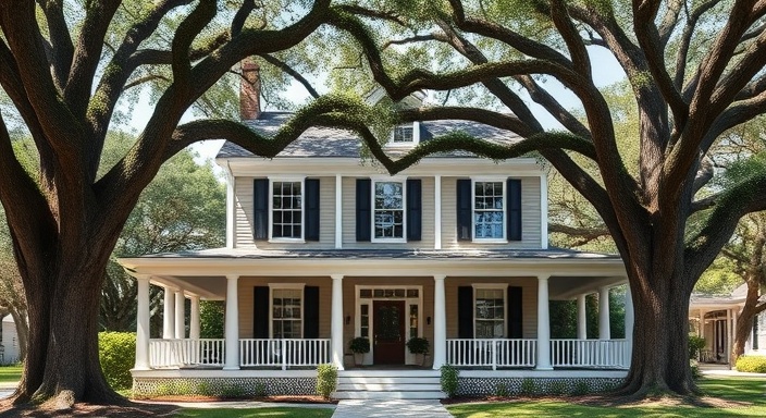 stylish Richmond house, inviting, with a wraparound porch, photorealistic, framed by towering oak trees, highly detailed, play of shadow and light, hyper-detailed, soft, midday sunshine, shot with a 70mm lens