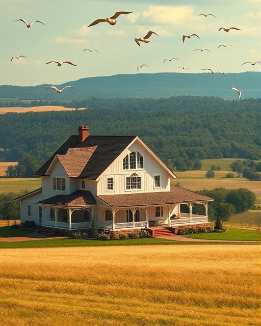 elegant rural farmhouse, serene, available for quick sale, photorealistic, on a sprawling landscape with fields and a distant forest, highly detailed, birds flying overhead, deep depth of field, earthy colors, bright midday sun, shot with a macro lens