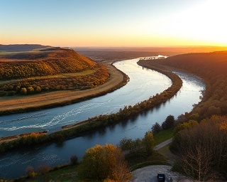 expansive Richmond property, comforting, with a view of the river, photorealistic, featuring rolling hills and open spaces, highly detailed, gentle river flow, ultra-sharp, soft, late afternoon rays, shot with a panoramic lens