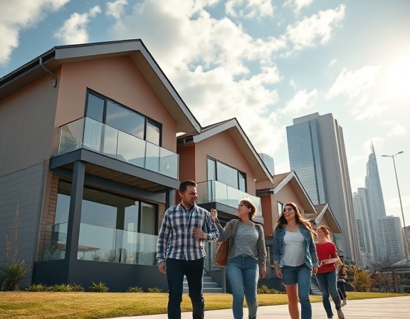 modern relocation housing, excited, being inspected by a family, photorealistic, urban setting with skyscrapers in the background, highly detailed, moving clouds, 8k resolution, vivid colors, bright sunlight, shot with a wide-angle lens.