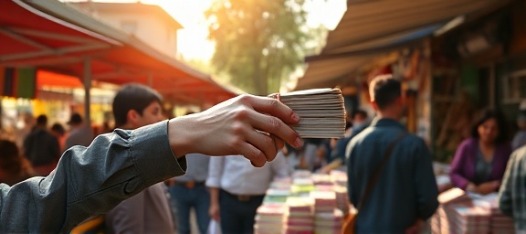 stacked cash transaction, excitement, exchanging hands, photorealistic, at a lively outdoor market filled with colorful stalls, highly detailed, people bartering, vibrant tones, mid-afternoon sunlight streaming through trees, shot with an 85mm camera lens.