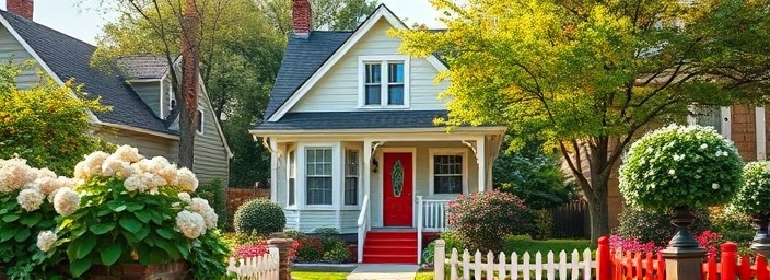 quaint Richmond house, cheerful, within a vibrant neighborhood, photorealistic, surrounded by flowering bushes and trees, highly detailed, butterflies fluttering, superfine resolution, colorful, bright morning, shot with a 14mm lens