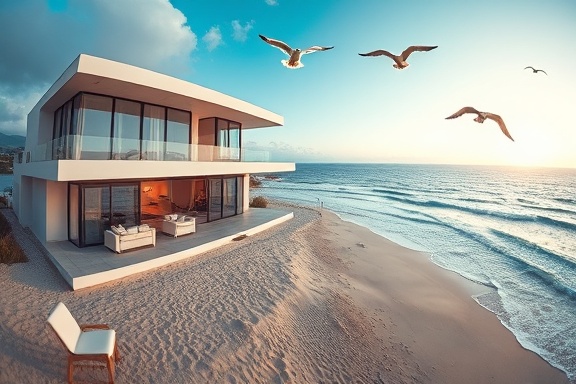 modern beachfront villa, luxurious, ready for repair-free sale, photorealistic, overlooking the ocean with soft sand and gentle waves, highly detailed, seagulls soaring, shallow depth of field, oceanic blues, sunset lighting, shot with a fisheye lens