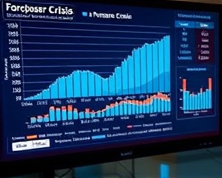 digital foreclosure crisis chart, analytical, displayed on a computer monitor, photorealistic, varied data points and graphs, highly detailed, blinking cursor, 90mm macro lens, digital blues and whites, screen light, shot with a close-up lens