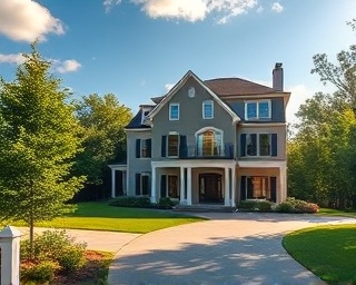 modern Richmond house, content, basking in sunlight, photorealistic, on a quiet cul-de-sac surrounded by lush greenery, highly detailed, shadows cast by clouds, ultra-HD, vibrant, warm morning glow, shot with a 24mm lens