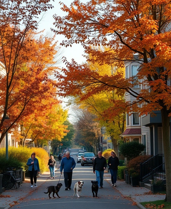 Picturesque Richmond neighborhood, lively and harmonious, bustling with activity, photorealistic, tree-lined streets filled with colorful autumn foliage, highly detailed, residents walking, dogs playing, captured in vivid, warm colors, afternoon glow lighting, shot with a 35mm lens.