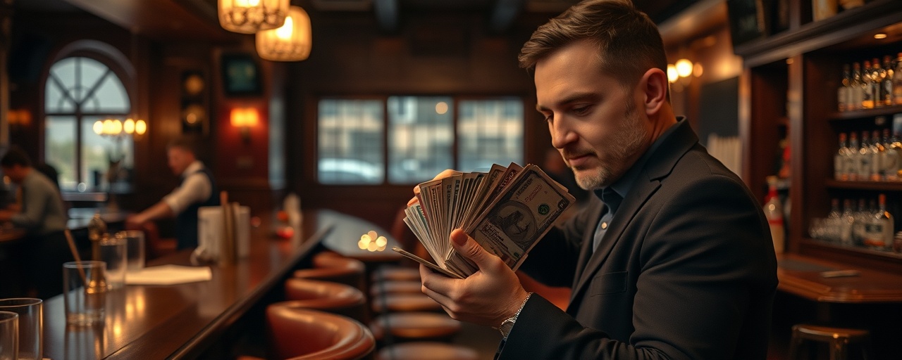 bundled cash transaction, concentration, counting in hand, photorealistic, inside a dimly-lit bar with leather seats and wooden counter, highly detailed, bartender wiping glasses, deep burgundy tones, low warm lighting, shot with a 70mm camera lens.