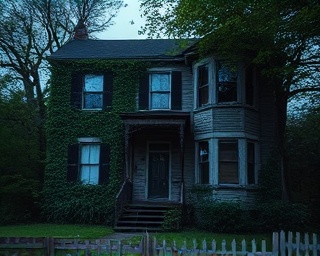 abandoned house foreclosed, neglected, covered in ivy, photorealistic, cracked windows and faded shutters, highly detailed, leaves rustling in the wind, 70mm lens, dark greens and browns, twilight glow, shot with a standard lens