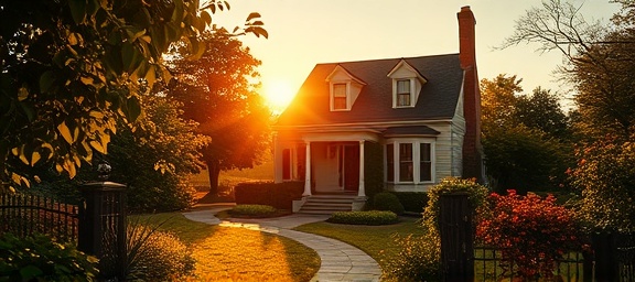 vintage Richmond house, nostalgic, bathed in golden hour, photorealistic, amidst a serene garden with winding paths, highly detailed, soft breeze ruffling leaves, ultra-clear, warm, sunset glow, shot with a 28mm lens