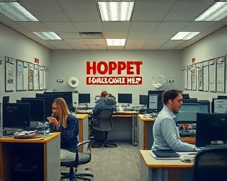 hopeful foreclosure help office, inviting, staff assisting clients, photorealistic, organized desks with paperwork, highly detailed, softly whirring fans, 35mm lens, warm tones, fluorescent lighting, shot with a medium format camera