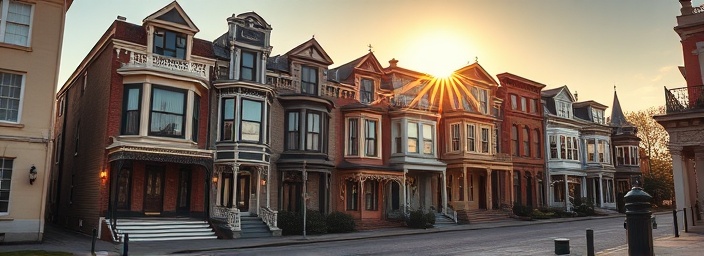 historic Richmond homes, regal, proudly standing under the sun, photorealistic, flanking a cobblestone street, highly detailed, flowing banners, exceptionally vivid, vintage tones, evening glow, shot with a 200mm lens