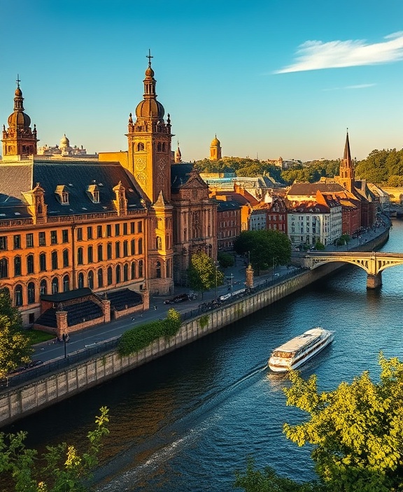 Historic Richmond architecture, majestic and timeless, overlooking a river, photorealistic, surrounded by lush greenery and historical landmarks, highly detailed, boats gently drifting by, captured in rich contrast, late afternoon sunlight, shot with a panoramic lens.