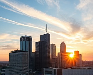 Modern Richmond skyline, reflecting innovation, reaching skyward, photorealistic, against a backdrop of a setting sun with clouds streaked across the sky, highly detailed, city lights beginning to twinkle, captured in warm hues, golden hour lighting, shot with a telephoto lens.