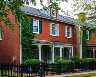 Traditional Richmond houses, character-rich and sturdy, lined in a row, photorealistic, with ivy creeping up the brick and picket fences outlining the yards, highly detailed, gentle wind causing leaves to flutter, captured in earthy tones, overcast lighting, shot with a prime lens.