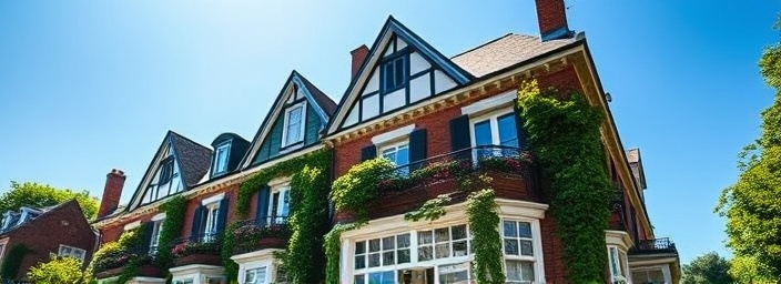 heritage Richmond property, majestic, under a bright blue sky, photorealistic, draped with ivy and flower boxes, highly detailed, light breeze swaying ivy, exceptional clarity, lively, noon brightness, shot with a 35mm lens