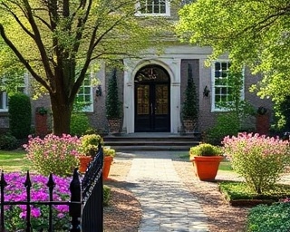 classic Richmond house, peaceful, surrounded by blooming gardens, photorealistic, set back from the road with a stone path, highly detailed, gentle rustle of leaves, crystal-clear, muted, dappled sunlight, shot with a 50mm lens