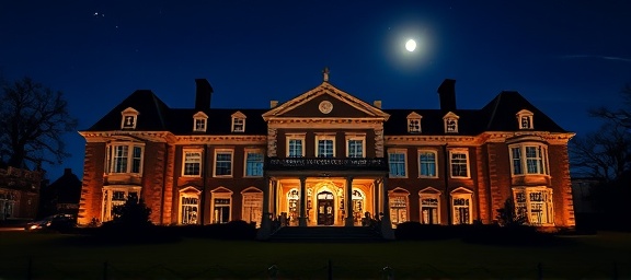 grand Richmond house, proud, illuminated at night, photorealistic, under a clear starry sky, highly detailed, gentle flickering lights, impeccably crisp, deep blue, moonlit evening, shot with a 85mm lens