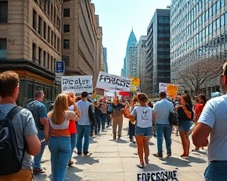 foreclosure crisis protest, passionate, people holding signs on the street, photorealistic, urban sidewalk and skyline, highly detailed, moving crowd, wide-angle lens, vibrant protest colors, bright afternoon light, shot with a 24mm lens