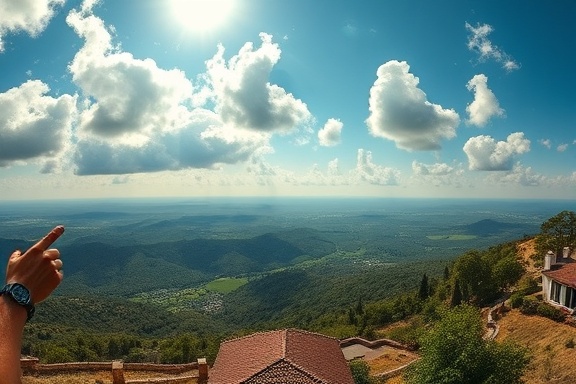 sprawling estate selling view, enthusiastic, capturing panoramic footage, photorealistic, hilltop location with a sprawling view of the valley, highly detailed, clouds casting moving shadows, wide angle perspective, dynamic range, sunlight filtering through clouds, shot with a 16-35mm f/2.8 lens.