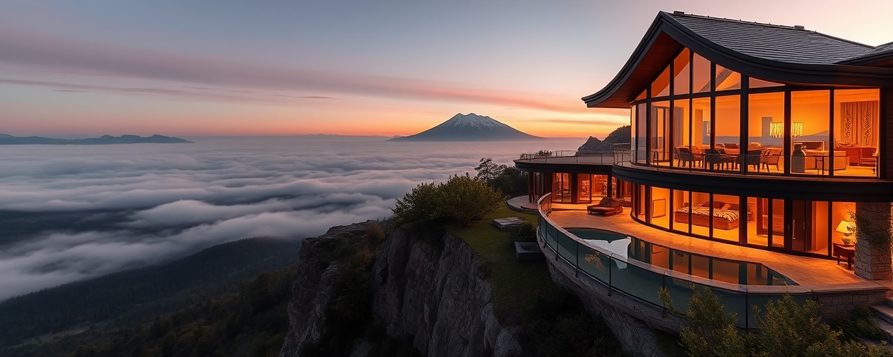 luxurious relocation property, opulent, overlooking a vast landscape, photorealistic, mountain range in the distance, highly detailed, drifting fog, 10-bit color depth, rich contrast, evening glow, shot with an ultra-wide lens.