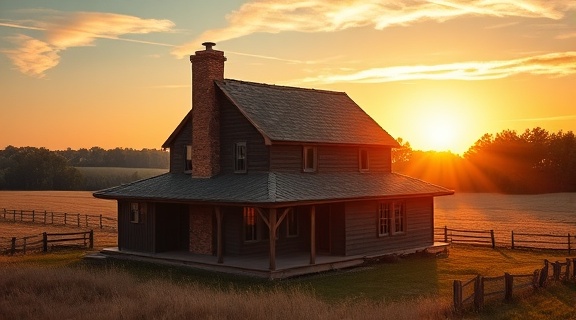 rustic Richmond house, cozy, with wooden beams, photorealistic, located in a rural setting surrounded by fields, highly detailed, wisps of smoke from a chimney, incredibly vivid, organic, golden sunrise, shot with a 24-70mm lens