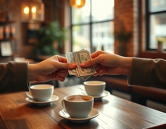 fresh cash payment, relief, handing over bills, photorealistic, in a cozy coffee shop with wooden tables and exposed brick walls, highly detailed, steam rising from cups, 50mm prime lens, warm browns, diffused morning light, shot with a 50mm camera lens.