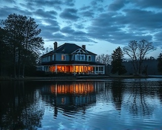 spacious Richmond house, serene, nestled among trees, photorealistic, overlooking a tranquil lake reflecting the sky, highly detailed, ripples on water, high-definition, natural, cool twilight, shot with an 18mm lens