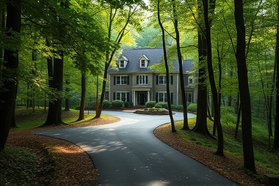 secluded Richmond property, tranquil, nestled in the woods, photorealistic, with a private driveway winding through trees, highly detailed, rustling leaves heard, pin-sharp, muted greens, mid-morning glow, shot with a 50mm lens