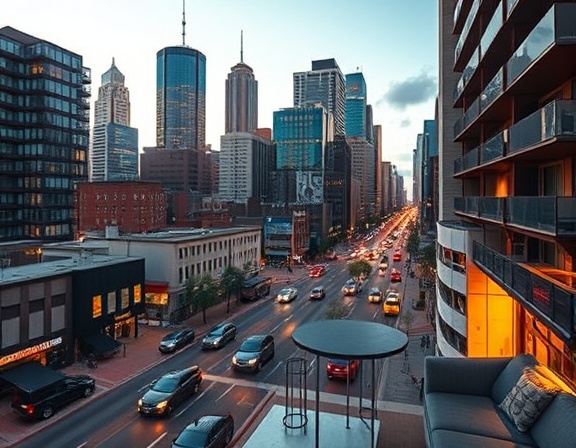 contemporary urban apartment, warm, ready for as-is sale, photorealistic, surrounded by vibrant cityscape with tall buildings and busy streets, highly detailed, cars passing by, crisp resolution, cool tones, soft evening lighting, shot with a tilt-shift lens