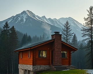 rustic mountain cabin, cozy, available for quick as-is sale, photorealistic, in a remote forested area with snow-capped peaks in the distance, highly detailed, smoke rising from chimney, fine grain texture, warm wood tones, diffused morning mist, shot with a zoom lens